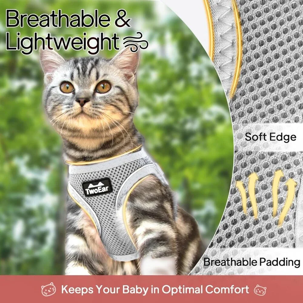 TwoEar Cat Harness and Leash Escape Proof Soft Small Puppy or Toy dog XXS, Grey